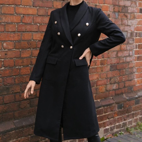 black button down classic trench pea coat jacket - Picture 4 of 6